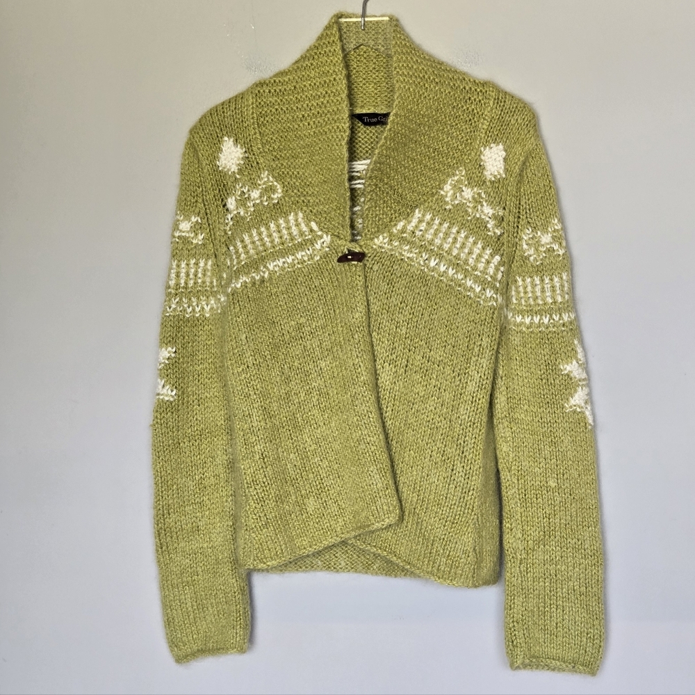 Handmade True Grit Wool Green Shawl Collar Nordic Fair Isle Cardigan Sweater - Picture 2 of 8